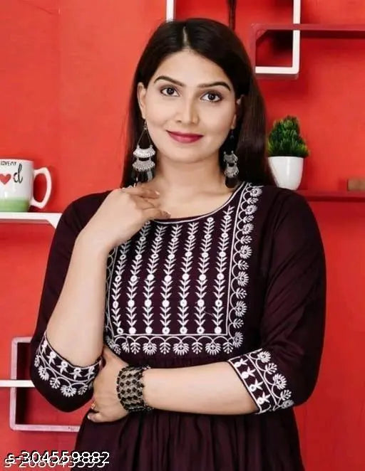 New Rayon Anarkali Kurti, embroidered trendy design, three-quarter sleeves. Indian embroidered women's gown for wardrobe refresh