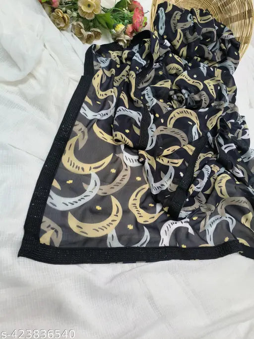 Black Georgette saree with velvet blouse, printed daily wear festival sari for women