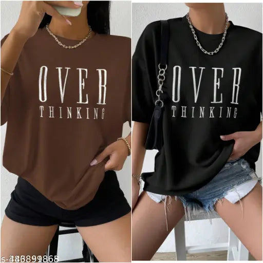 Oversize combo-black and brown cotton blend t-shirt set with printed net pattern, available in sizes S to XXL