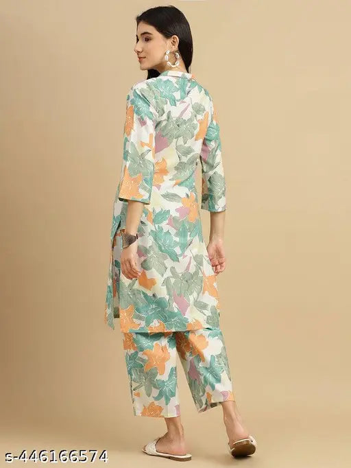 Limboli women's cotton rayon alien-printed kurta and pant set, three-quarter sleeves, vibrant print on display