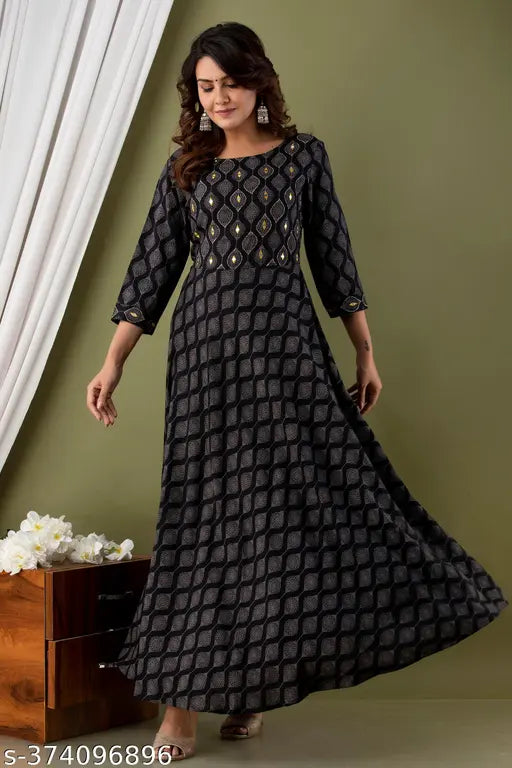 Rayon printed floral Anarkali Kurta for women and girls, light-weighted, three-quarter sleeves, festive wear