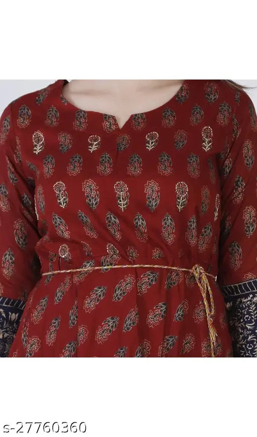 Red and maroon rayon printed combo Urban Kanya gown on hanger