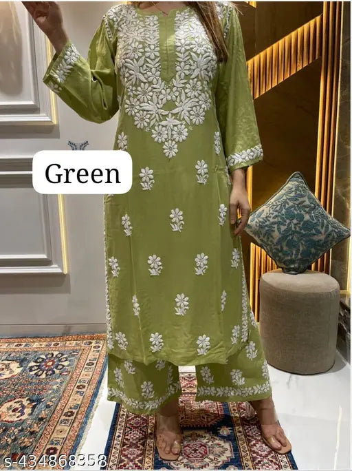 Rayon embroidered net chikankari kurta and palazzo set, three-quarter sleeves, various sizes available, India origin