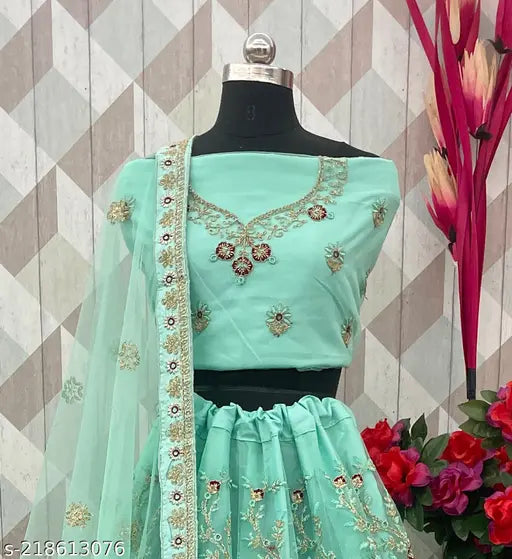 Designer embroidered Pista Lehenga-Choli set in net fabric, free size with 3m cancan skirt and half sleeves