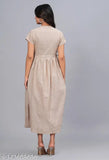 Beige striped cotton Anarkali dress, three-quarter sleeves, mandarin collar, machine washable - women's fashion on hanger