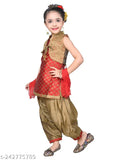 Red printed designer Kurta patiala salwar suit with jacket and dupatta for girls, Hariyal Creation kids party/festive wear on model, jacquard fabric, Indian ethnic embroidery set