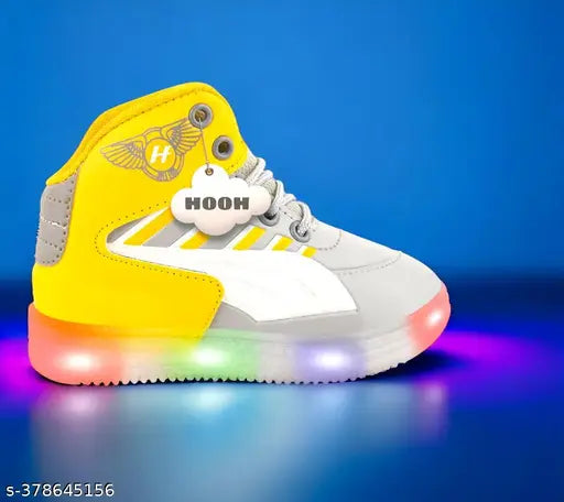 Stylish yellowgrey synthetic LED light shoes for kids, breathable and partywear design with velcro fastening and embellished net detail