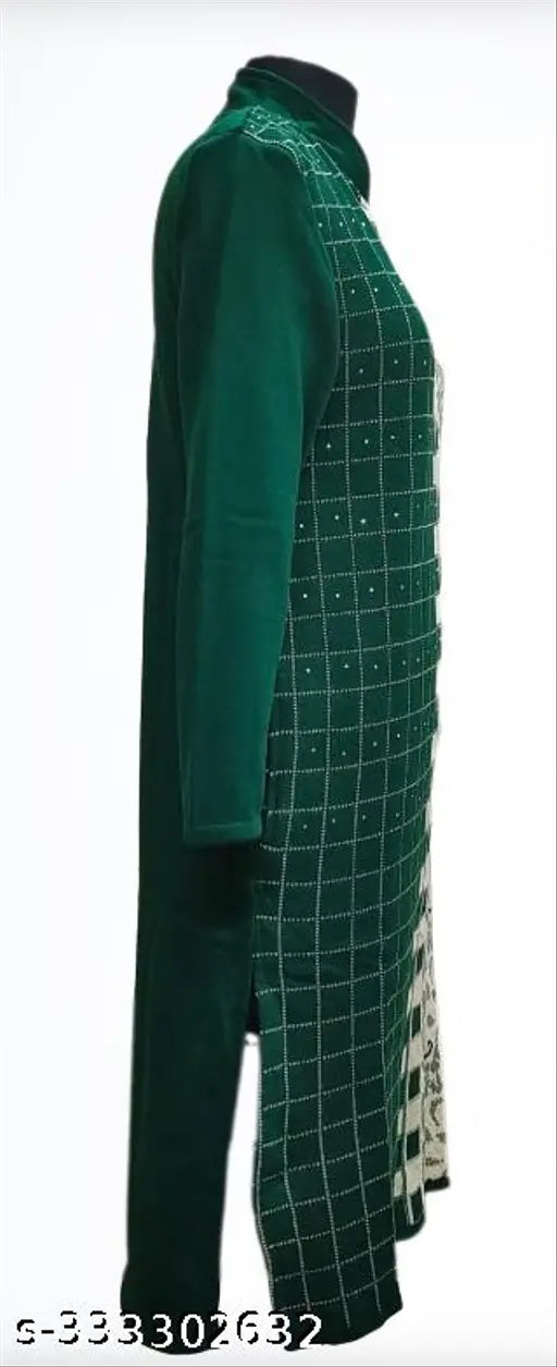 Woolen ladies free size Ban collar kurti, single side pocket, premium wool fabric, long sleeves, front design length 42 inches, perfect for chilly days