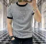 Round neck printed polyester t-shirt for men, short sleeves, blue plaid pattern