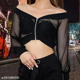 Cotton blend mesh crop jacket for women, solid net fabric and long sleeves, suitable for warmer weather, India origin