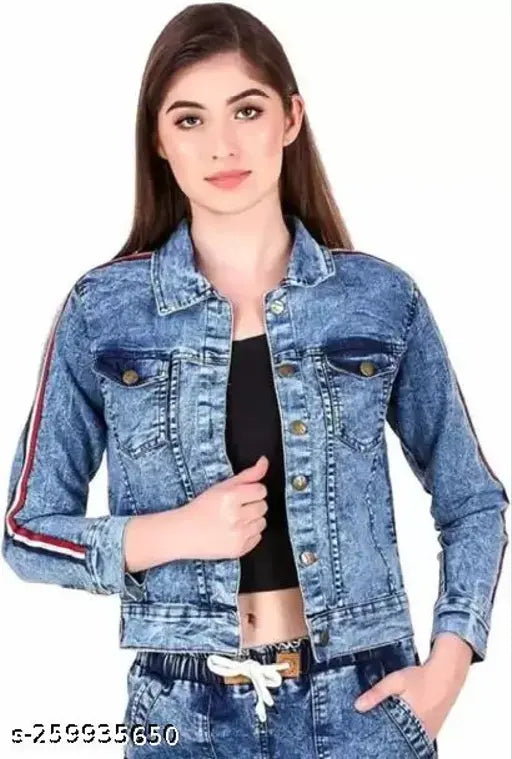 Saman Fashion Wear Long Sleeve Denim Jacket, Indian-made women's striped jacket with solid pattern