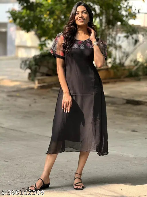 Black and Coffee Brown Embroidered Georgette Kurti with Short Sleeves, size range from XS to XXL