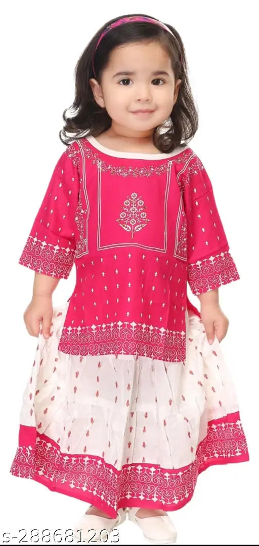 Printed Rayon Baby Girls Kurta & Skirt Set for Casual, straight top and skirt with three-quarter sleeves, available in multiple sizes from 0-3 months to 2-3 years. Made in India