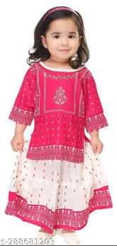 Printed Rayon Baby Girls Kurta & Skirt Set for Casual, straight top and skirt with three-quarter sleeves, available in multiple sizes from 0-3 months to 2-3 years. Made in India
