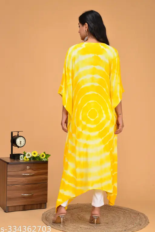 Yellow tie dye rayon crepe kaftan kurta with v-neck, three-quarter sleeves, calf length - Indian ethnic fashion