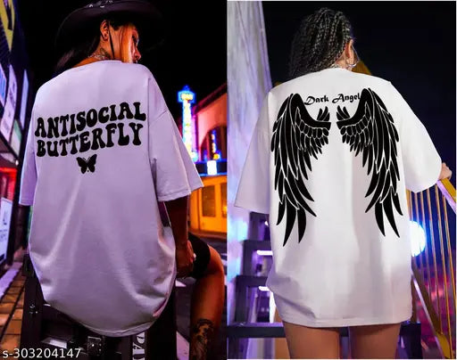 Large-size printed cotton blend lavender and white women's t-shirt, casual, trendy, under $300