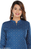 Blue cotton three-quarter sleeve Sanganeri printed women's kurti - Jaipur lounge wear, finest quality Indian fabric