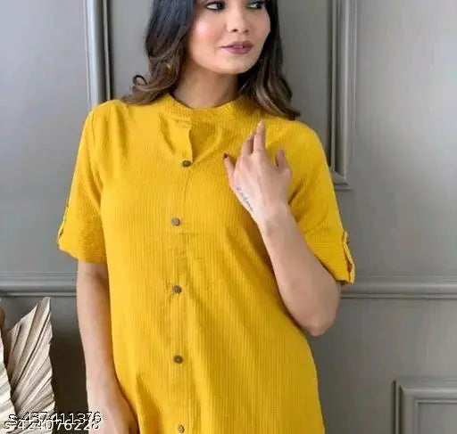 Cotton Myra Pretty Women Kurta Sets - Solid, short-sleeved Indian kurtas with palazzos, available in S, M, L, XL, XXL from India