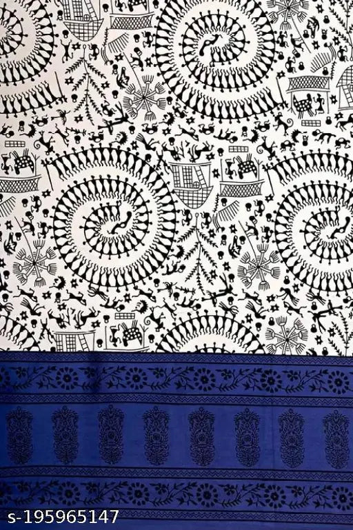 Blue tribal-print 144TC cotton double flat bedsheet with 2 pillow covers, luxurious and durable for summer