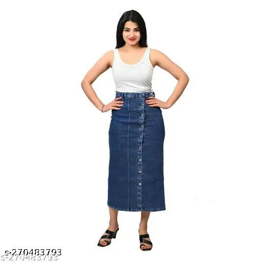 High waist long denim skirt, dyed/washed, versatile wardrobe staple for various occasions
