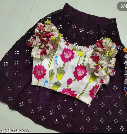 Kids baby girls classic lehenga choli set, satin top with short sleeves and rayon lehenga, embroidered pattern, stitched construction. Available in multiple sizes from 2-14 years old, Indian origin