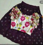 Kids baby girls classic lehenga choli set, satin top with short sleeves and rayon lehenga, embroidered pattern, stitched construction. Available in multiple sizes from 2-14 years old, Indian origin