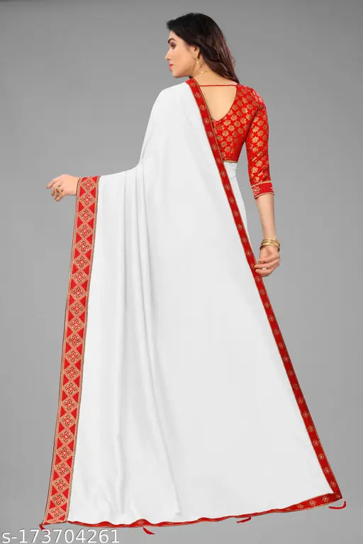 White Vichitra Silk Swastik saree with jacquard pattern, ideal for festivals and casual wear