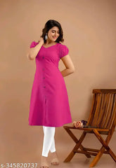 CE Puff Sleeve S (Pink) - Rayon, short-sleeved, solid pink formal/casual Indian kurti for women