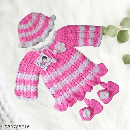 Handmade pink woven woolen blend kids frock with socks and cap - soft, comfortable, self-designed frock for 6-12 month old babies, made in India