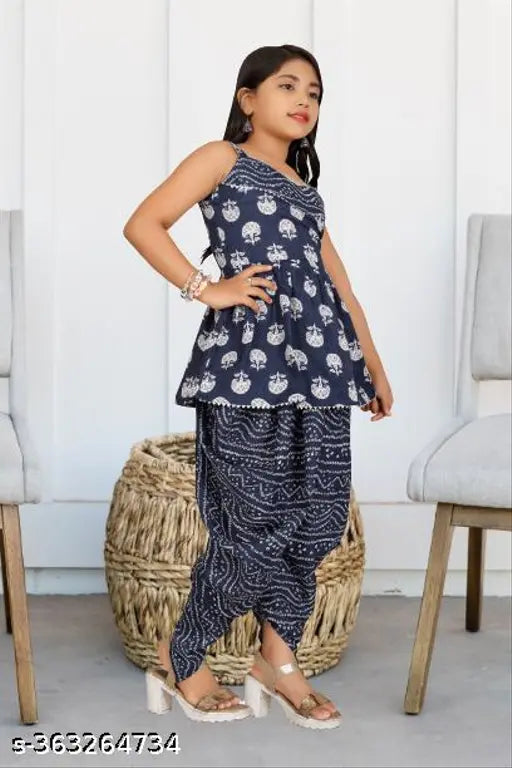 Rayon dhoti pants set with A-line crop top and dupatta for girls, Indian ethnic wear with western influence, 6-14 years, trendy Indo-Western outfit for modern girls