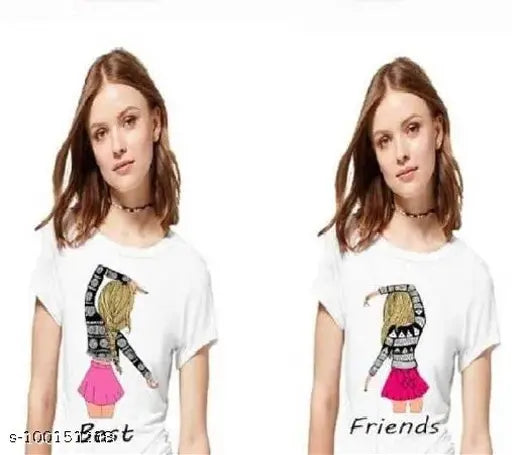 White cotton women's best friend printed round neck t-shirt with short sleeves, featuring a popular design on front, made in India