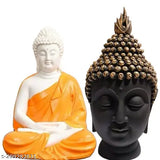 Handcrafted orange and black polyresin Buddha head statue for home decor, symbolizing peace and enlightenment