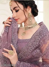 Purple embroidered net lehenga set, free size with 42" waist and 42" length, Indian designer bridal wear on display