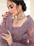 Purple embroidered net lehenga set, free size with 42" waist and 42" length, Indian designer bridal wear on display