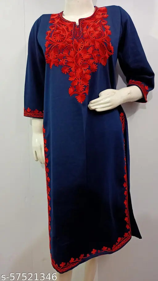 Navy blue embroidered wool A-line kurti with three-quarter sleeves, perfect for day wear, weddings, casual events, or evening occasions. Handmade in India