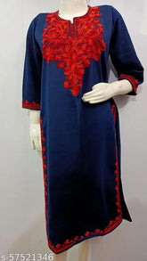 Navy blue embroidered wool A-line kurti with three-quarter sleeves, perfect for day wear, weddings, casual events, or evening occasions. Handmade in India