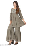 Grey Rayon Women's Kurta with Sharara and Dupatta Set - Exquisite embroidery and embellishments on a versatile A-line style set for festivals or casual wear. Hand wash only