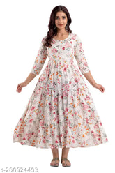 White rayon flared Anarkali kurti with floral print, perfect for parties and casual wear