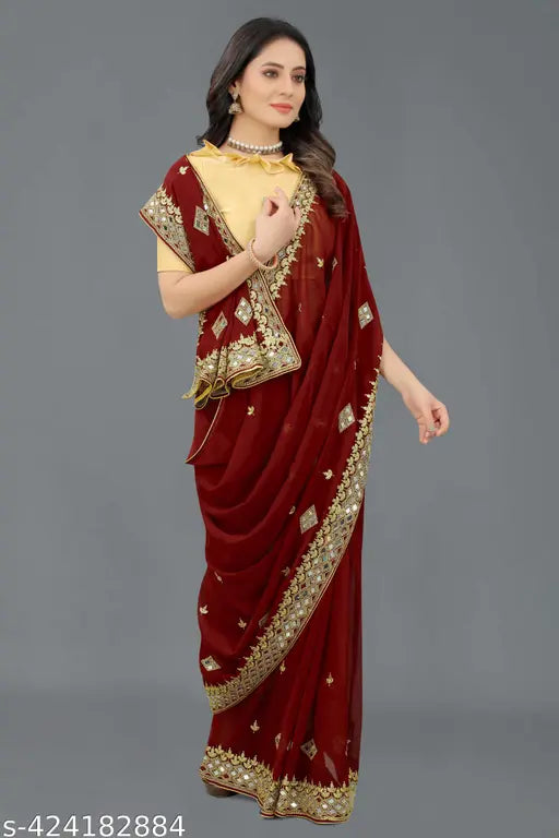 Georgette Kaju mirror embroidered Bollywood saree, free size, India origin