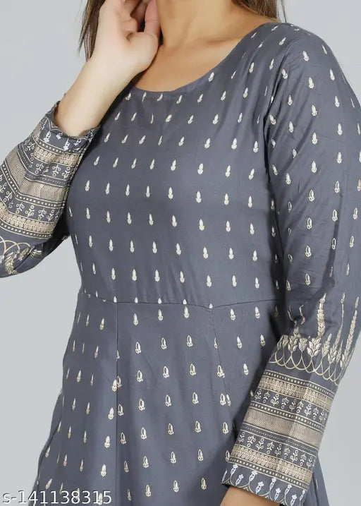 Grey rayon printed Anarkali Kurti by Faheeman Garments, stylish women's long-sleeve outfit in India
