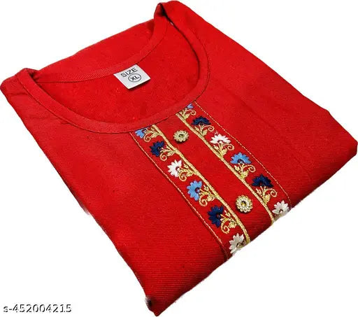 Red woolen embroidery kurti, traditional Indian women's clothing with three-quarter sleeves and solid pattern