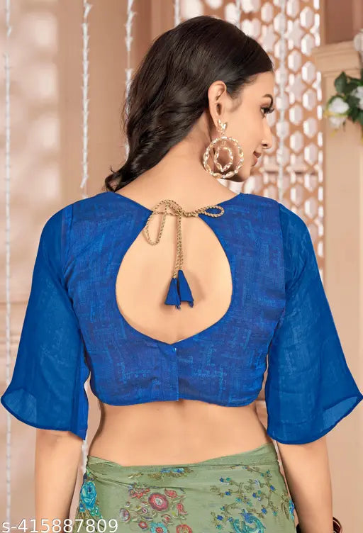 Multicolored chiffon flower saree with contrast blouse, Indian handloom