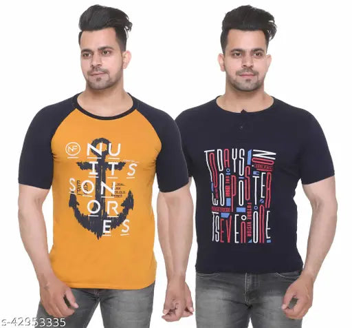 Men's regular fitting cotton blend T-shirt, short sleeves, printed design. Available in sizes S (37in/25in), M (39in/27in), L (41in/28in), XL (42in/29in), XXXL (46in/31in). Nidhil Fashion collection, India