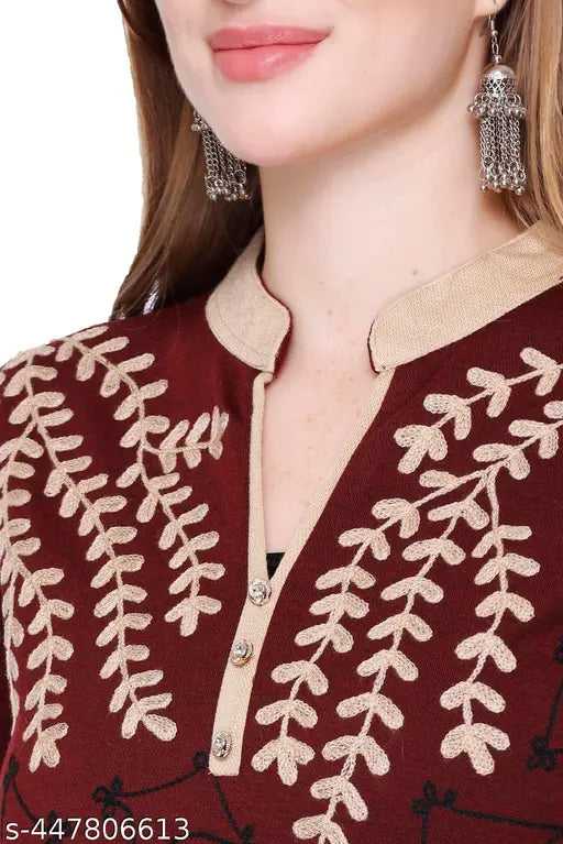 Women's wool winter kurta palazzo set of 2 pcs in XXXL size with beautiful embroidery, full sleeves, and side pockets