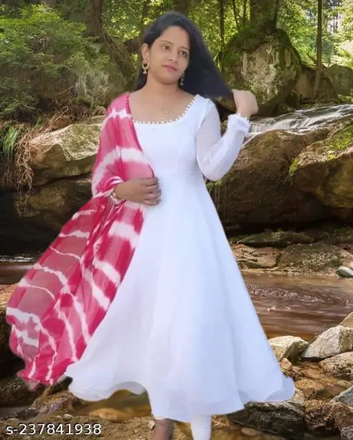 Trendy white georgette jumping gown with digital print dupatta, ideal for ethnic and casual wear