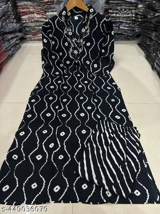 Rayon slub V-neck kurti and pant set with printed pattern, affordable Indian fashion for women in various sizes (S-2XL)