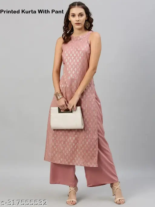 Women's pink cotton printed sleeveless kurta palazzo set, vibrant zari woven net pattern, perfect for parties or casual days." (125 characters)