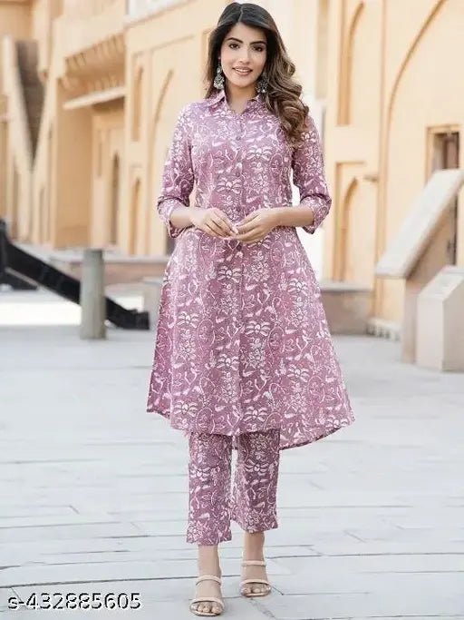 Rayon printed straight kurta set with viscose rayon pants, new stylish design for women, three-quarter sleeves, Indian origin
