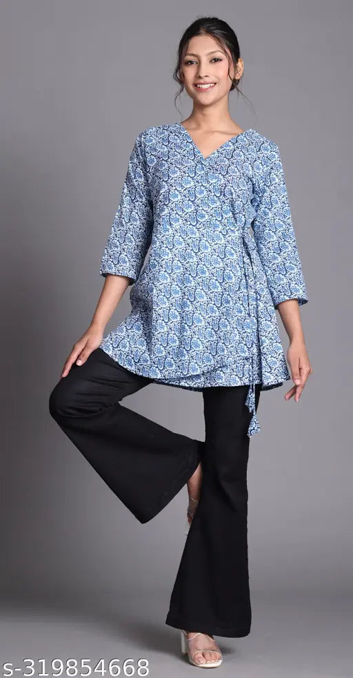 New cotton printed angrakha for women, three-quarter sleeves, traditional Indian style, XS-4XL