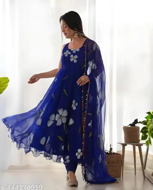 Sleeveless printed net Georgette gown, XXL size, Indian ethnic wear